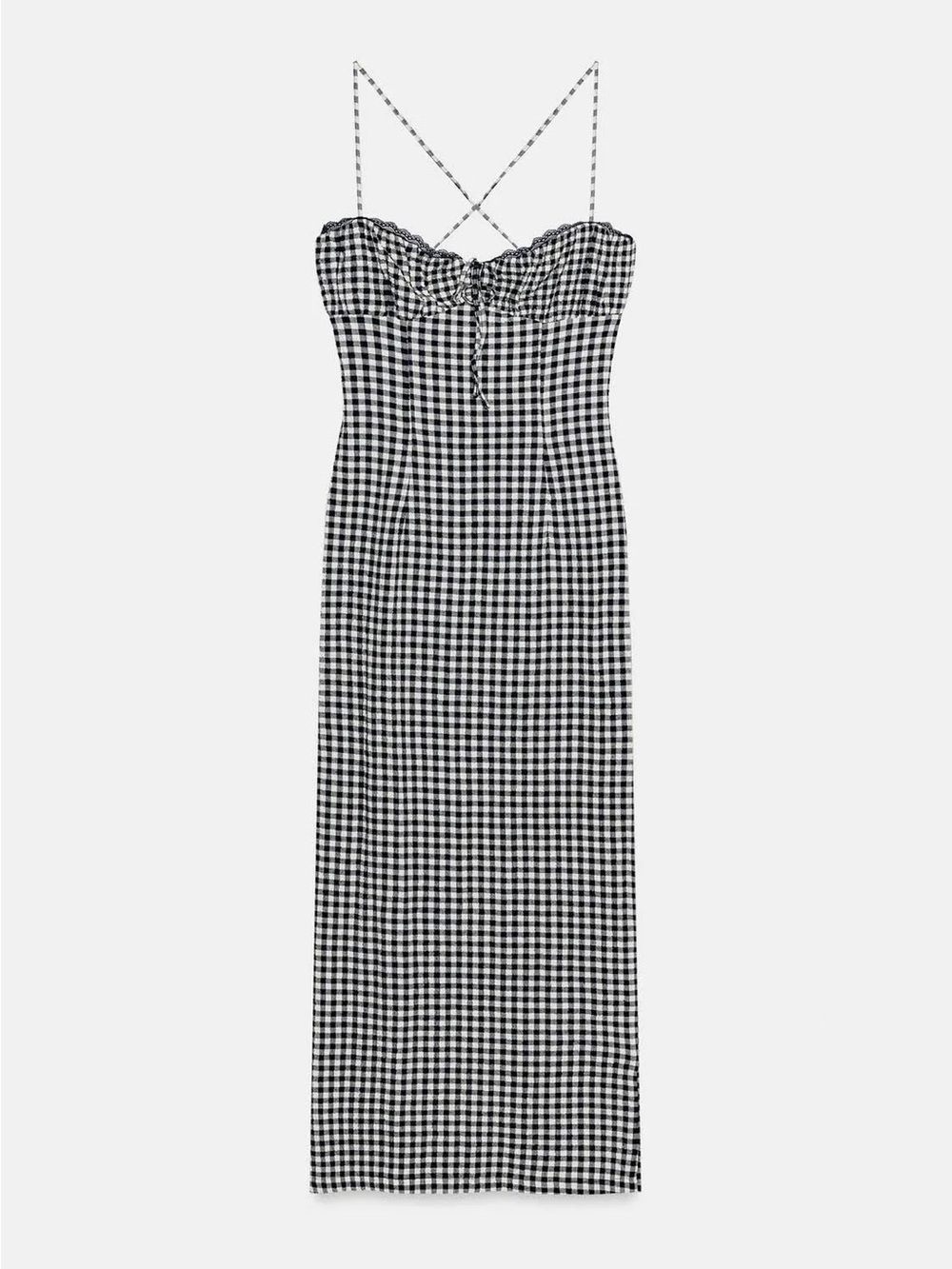 Zara Fitted Gingham Midi Dress Navy and White